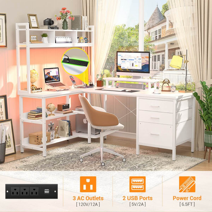 L Shaped Desk with Hutch Storage, Drawers & Power Outlets