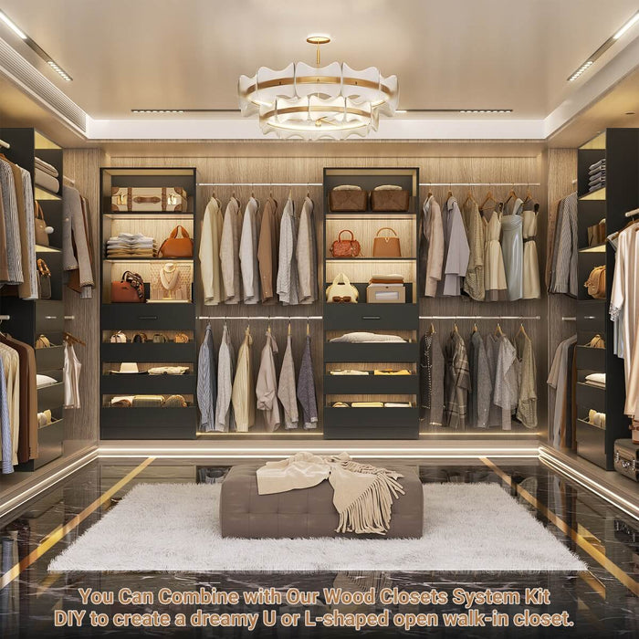 6-15FT Adjustable Closet Organizer with 8 Wooden Drawers, 4 Hanging Rods and Open Storage Shelves