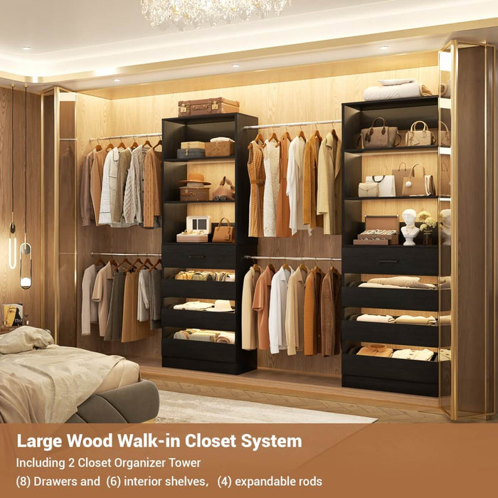 6-15FT Adjustable Closet Organizer with 8 Wooden Drawers, 4 Hanging Rods and Open Storage Shelves