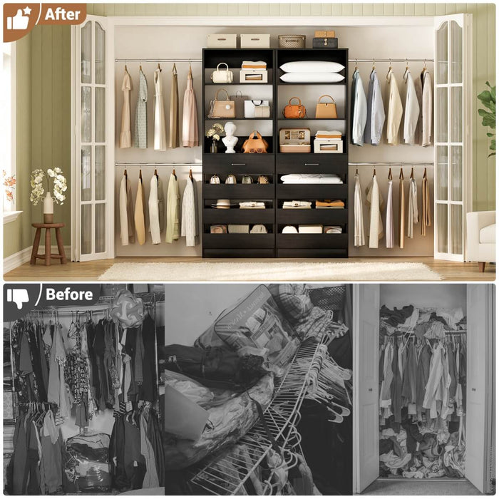 6-15FT Adjustable Closet Organizer with 8 Wooden Drawers, 4 Hanging Rods and Open Storage Shelves