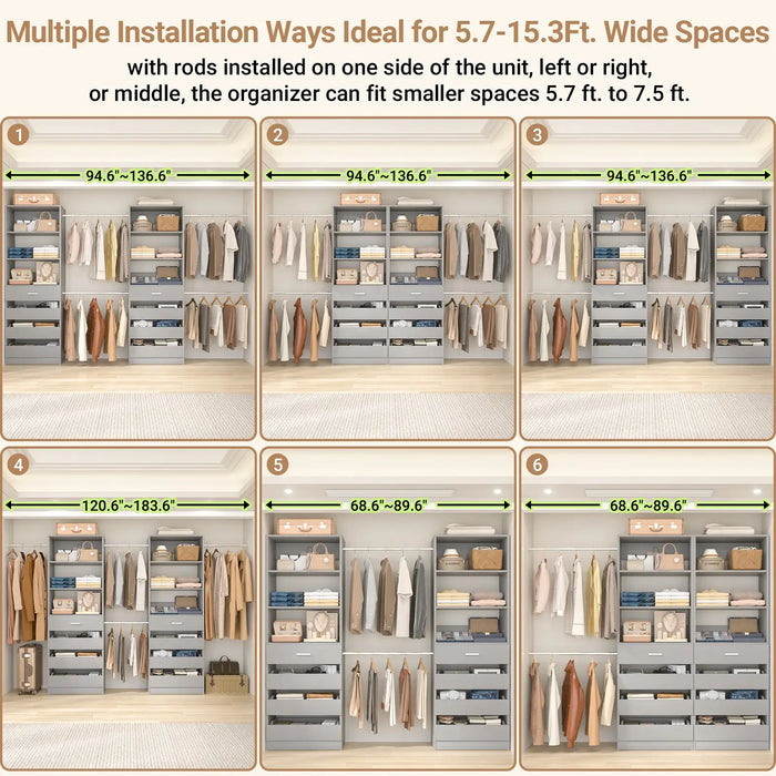 6-15FT Adjustable Closet Organizer with 8 Wooden Drawers, 4 Hanging Rods and Open Storage Shelves