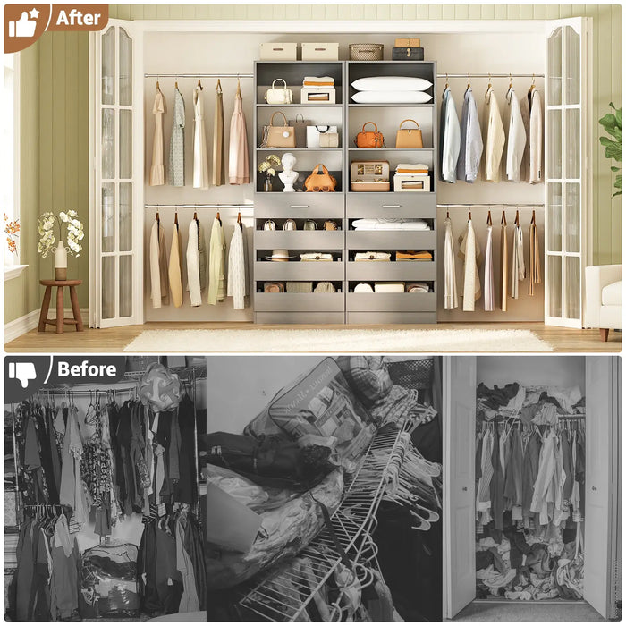 6-15FT Adjustable Closet Organizer with 8 Wooden Drawers, 4 Hanging Rods and Open Storage Shelves