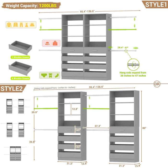6-15FT Adjustable Closet Organizer with 8 Wooden Drawers, 4 Hanging Rods and Open Storage Shelves