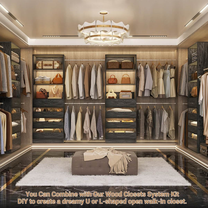 6-15FT Adjustable Closet Organizer with 8 Wooden Drawers, 4 Hanging Rods and Open Storage Shelves