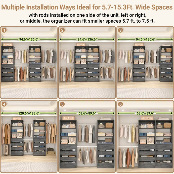 6-15FT Adjustable Closet Organizer with 8 Wooden Drawers, 4 Hanging Rods and Open Storage Shelves