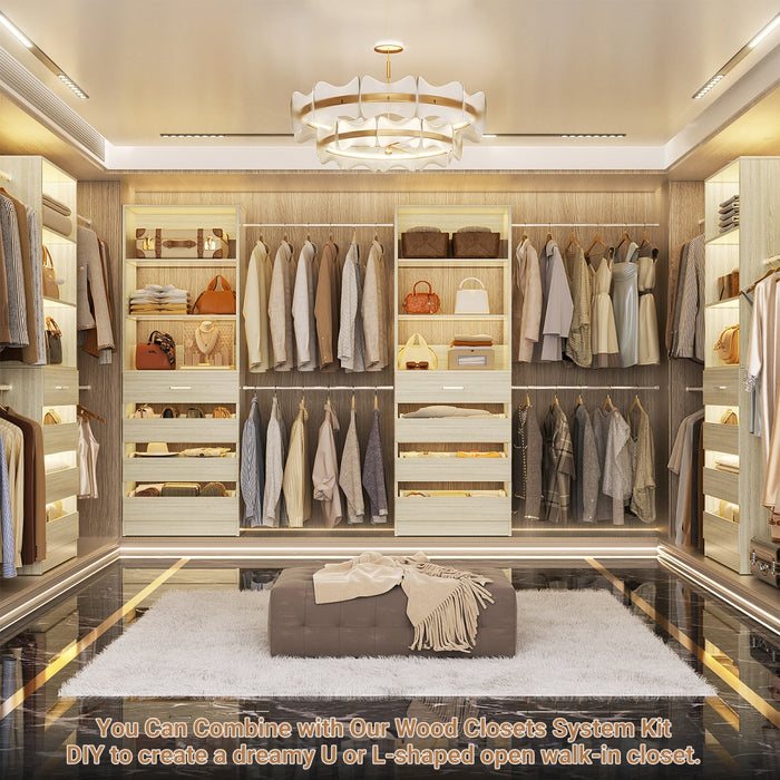 6-15FT Adjustable Closet Organizer with 8 Wooden Drawers, 4 Hanging Rods and Open Storage Shelves