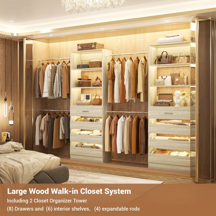 6-15FT Adjustable Closet Organizer with 8 Wooden Drawers, 4 Hanging Rods and Open Storage Shelves