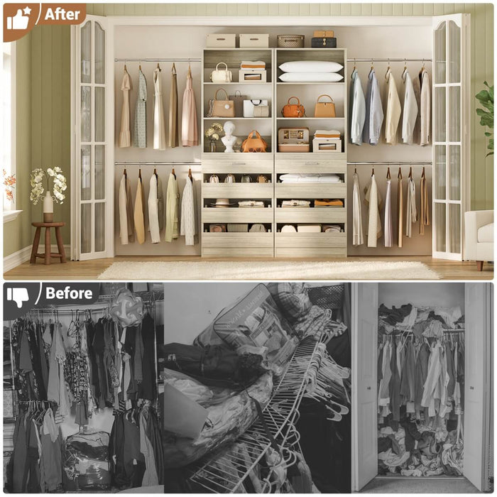 6-15FT Adjustable Closet Organizer with 8 Wooden Drawers, 4 Hanging Rods and Open Storage Shelves