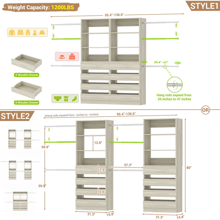 6-15FT Adjustable Closet Organizer with 8 Wooden Drawers, 4 Hanging Rods and Open Storage Shelves