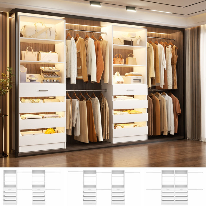 6-15FT Adjustable Closet Organizer with 8 Wooden Drawers, 4 Hanging Rods and Open Storage Shelves