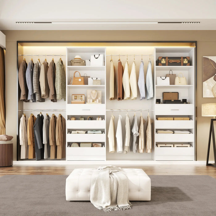 6-15FT Adjustable Closet Organizer with 8 Wooden Drawers, 4 Hanging Rods and Open Storage Shelves