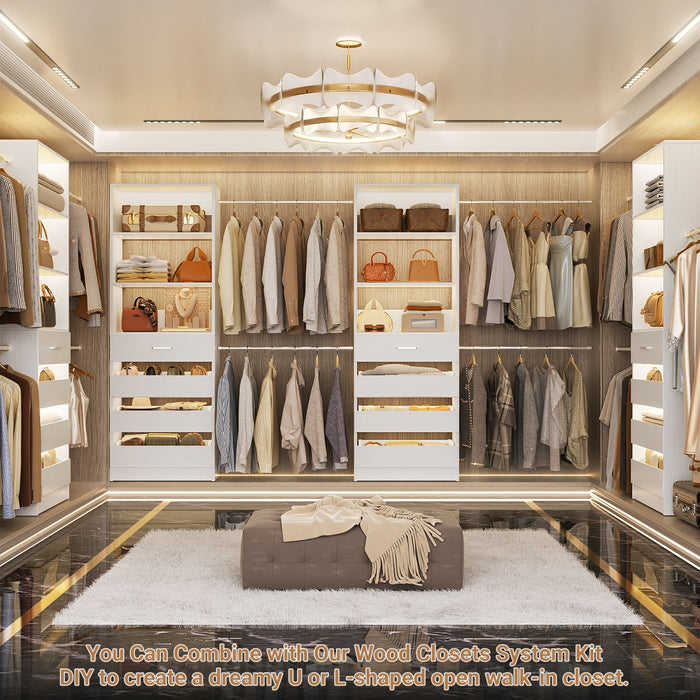 6-15FT Adjustable Closet Organizer with 8 Wooden Drawers, 4 Hanging Rods and Open Storage Shelves