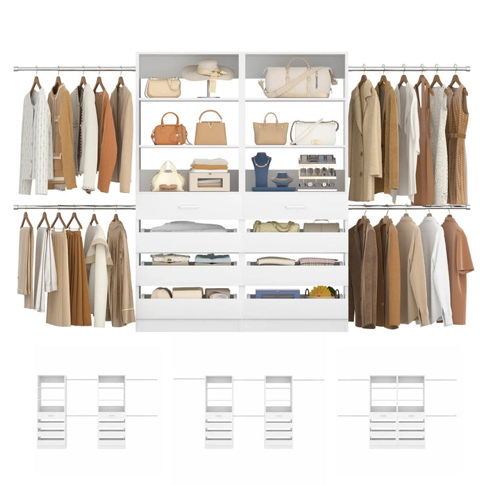 6-15FT Adjustable Closet Organizer with 8 Wooden Drawers, 4 Hanging Rods and Open Storage Shelves