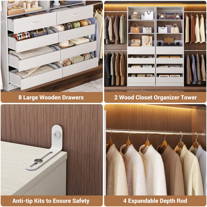 6-15FT Adjustable Closet Organizer with 8 Wooden Drawers, 4 Hanging Rods and Open Storage Shelves