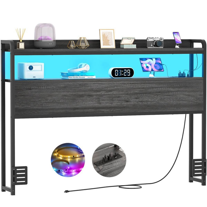 Full Size Headboard with Power Outlets & LED Lights, Wood Headboard for Full Bed, Easy Assembly