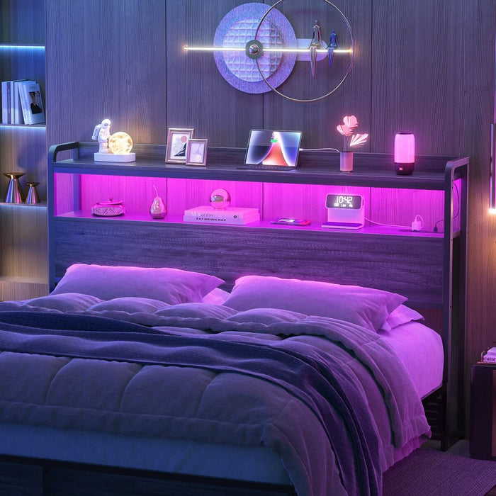 Full Size Headboard with Power Outlets & LED Lights, Wood Headboard for Full Bed, Easy Assembly