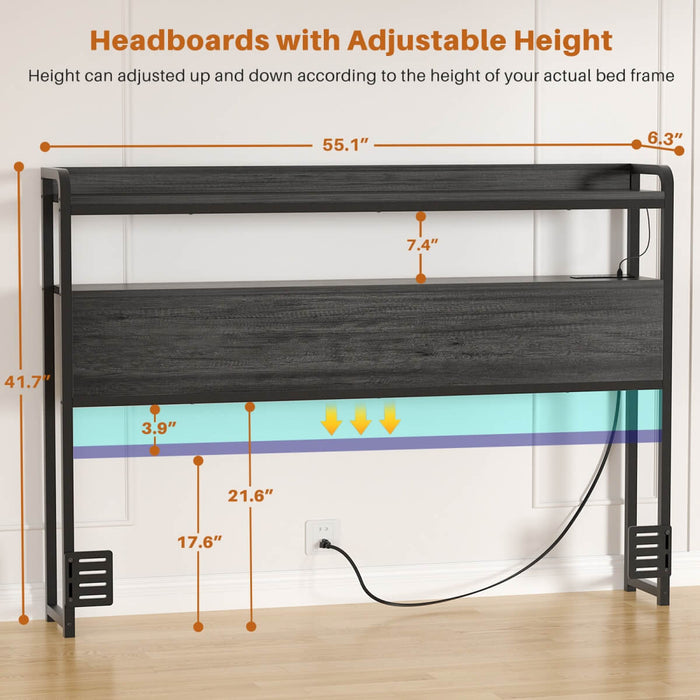 Full Size Headboard with Power Outlets & LED Lights, Wood Headboard for Full Bed, Easy Assembly