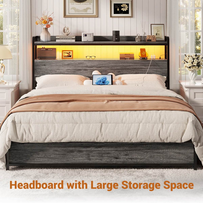 Full Size Headboard with Power Outlets & LED Lights, Wood Headboard for Full Bed, Easy Assembly