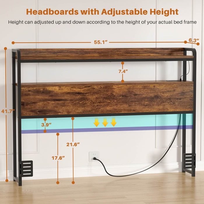 Full Size Headboard with Power Outlets & LED Lights, Wood Headboard for Full Bed, Easy Assembly