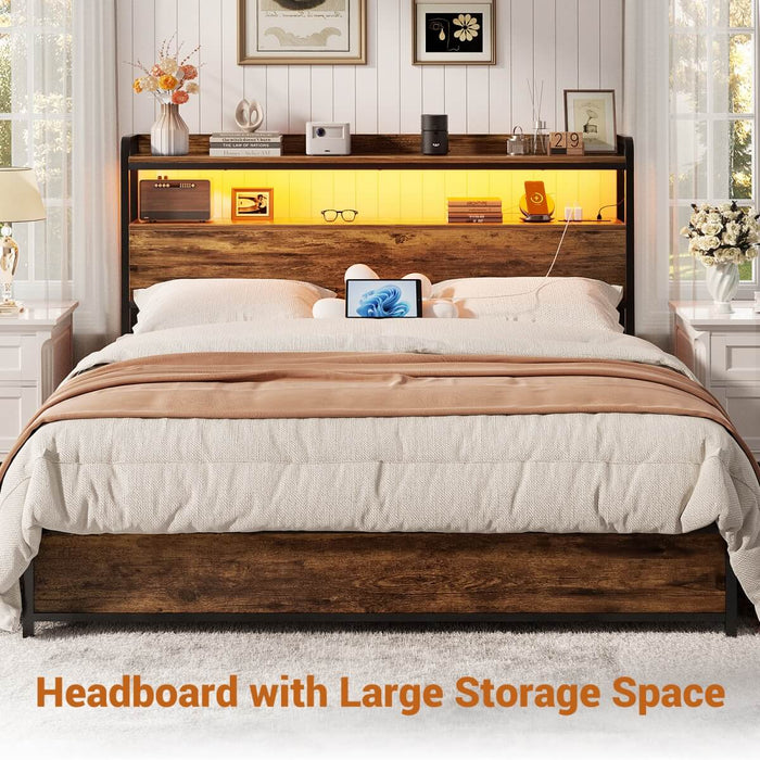 Full Size Headboard with Power Outlets & LED Lights, Wood Headboard for Full Bed, Easy Assembly