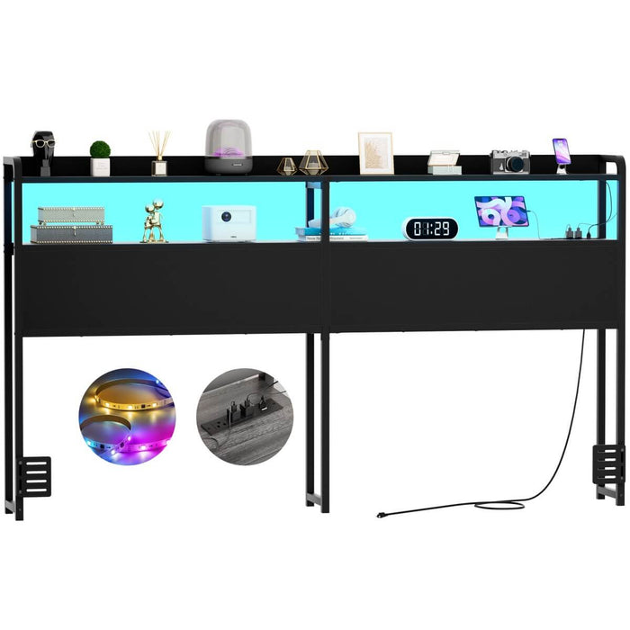 King Size Headboard with Power Outlets & LED Lights, Wood Headboard for King Bed, Easy Assembly