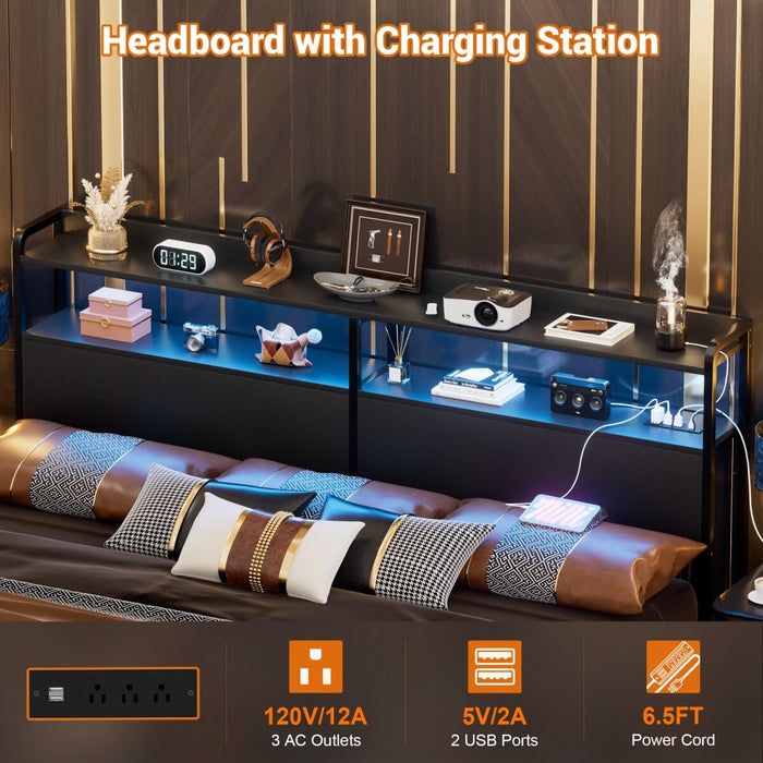 King Size Headboard with Power Outlets & LED Lights, Wood Headboard for King Bed, Easy Assembly