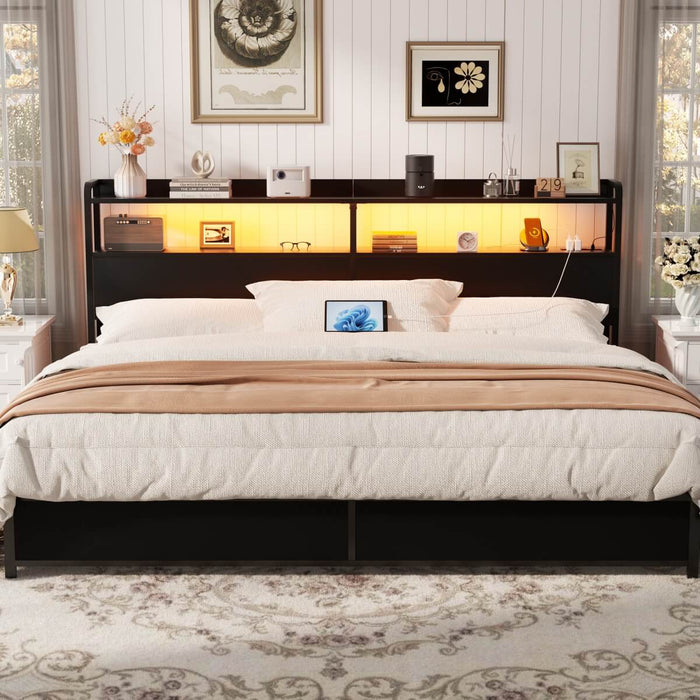 King Size Headboard with Power Outlets & LED Lights, Wood Headboard for King Bed, Easy Assembly