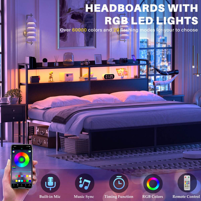 King Size Headboard with Power Outlets & LED Lights, Wood Headboard for King Bed, Easy Assembly