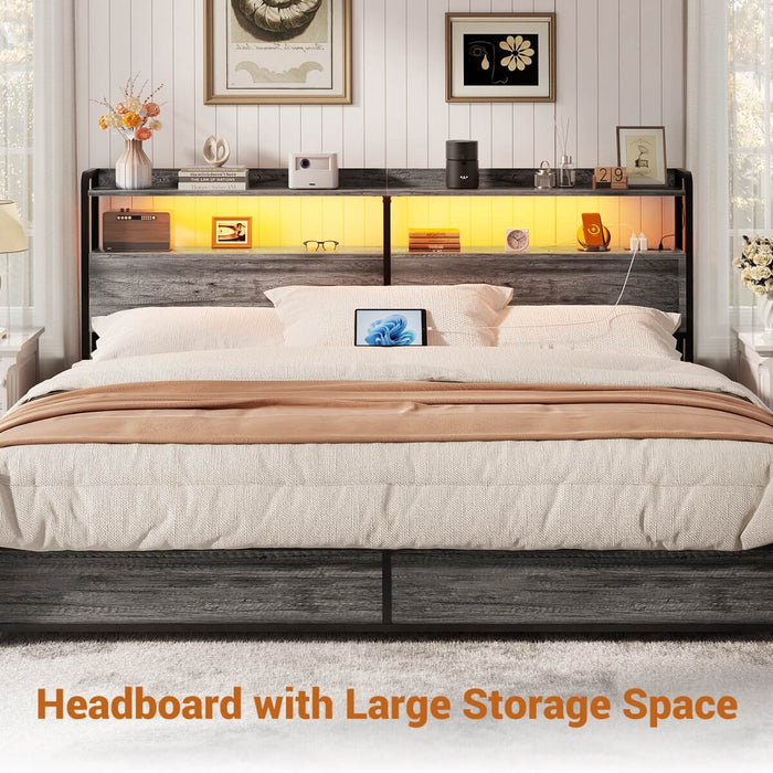 King Size Headboard with Power Outlets & LED Lights, Wood Headboard for King Bed, Easy Assembly