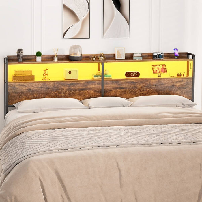 King Size Headboard with Power Outlets & LED Lights, Wood Headboard for King Bed, Easy Assembly
