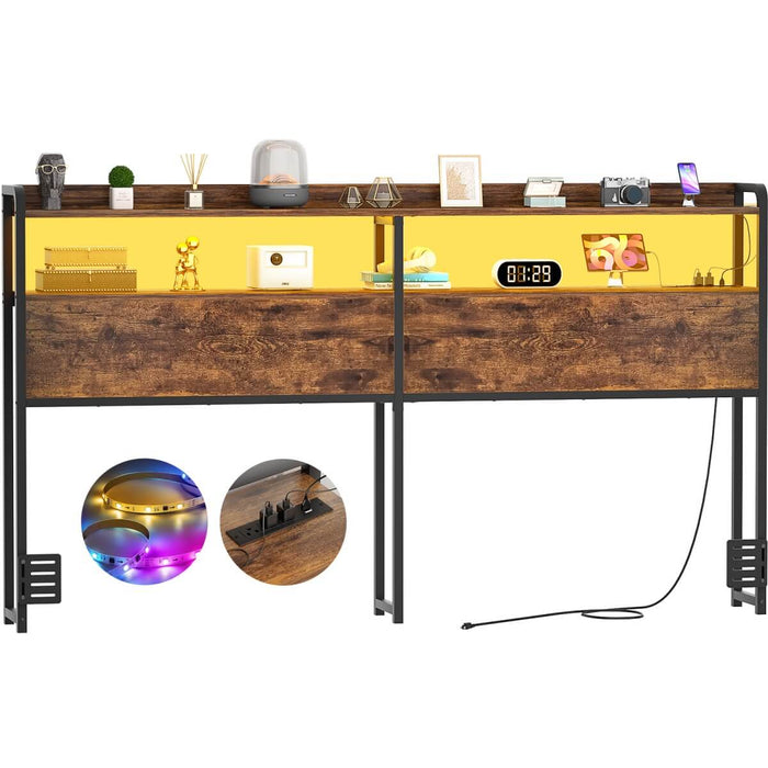 King Size Headboard with Power Outlets & LED Lights, Wood Headboard for King Bed, Easy Assembly