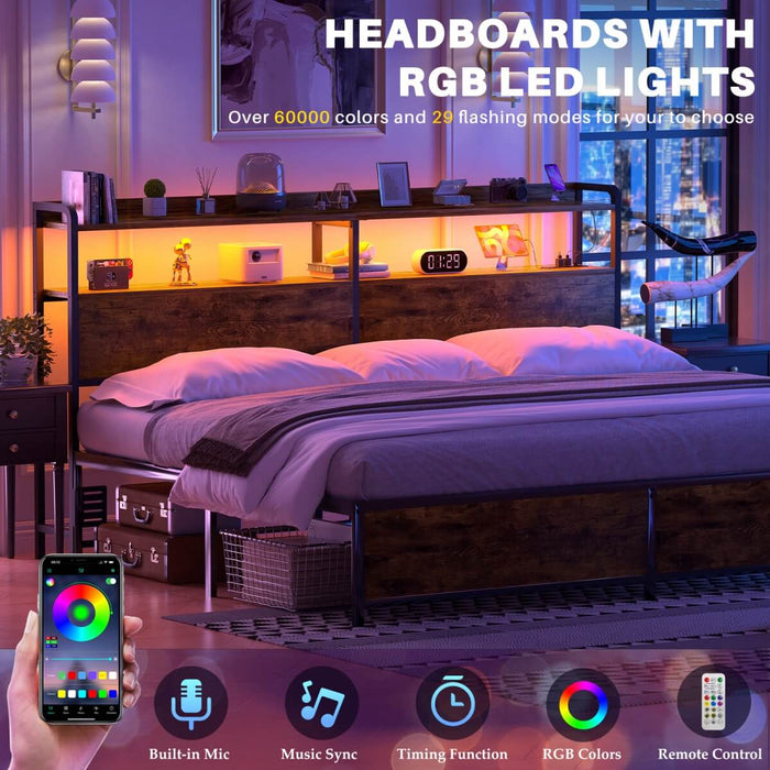 King Size Headboard with Power Outlets & LED Lights, Wood Headboard for King Bed, Easy Assembly