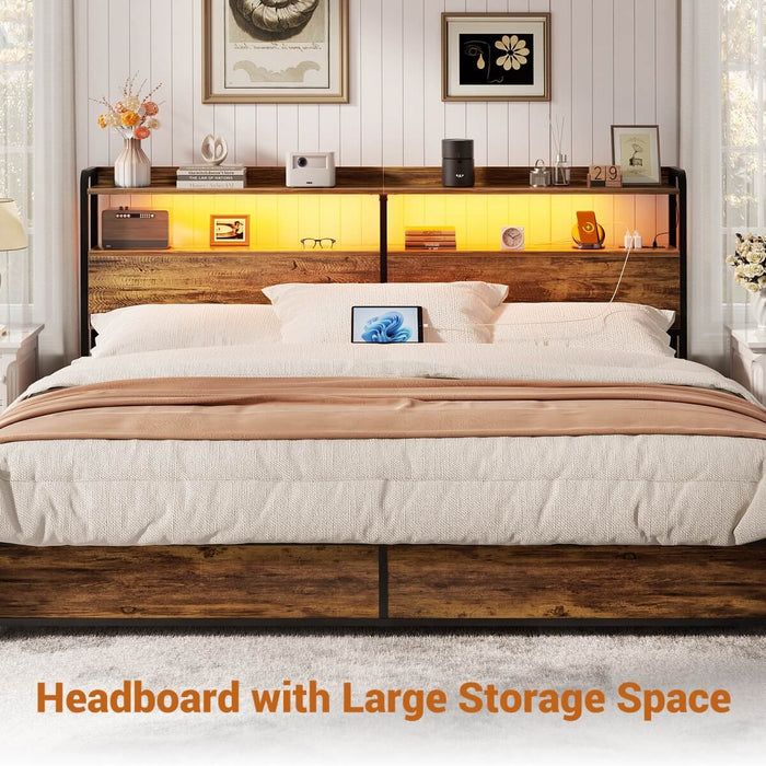 King Size Headboard with Power Outlets & LED Lights, Wood Headboard for King Bed, Easy Assembly