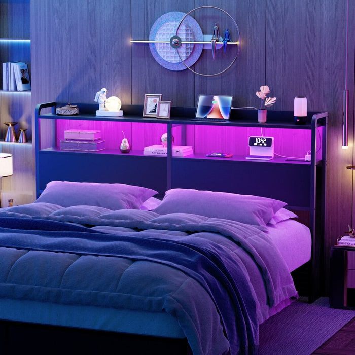 Queen Size Headboard with Power Outlets & LED Lights, Wood Headboard for Queen Bed, Easy Assembly