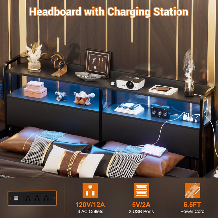 Queen Size Headboard with Power Outlets & LED Lights, Wood Headboard for Queen Bed, Easy Assembly
