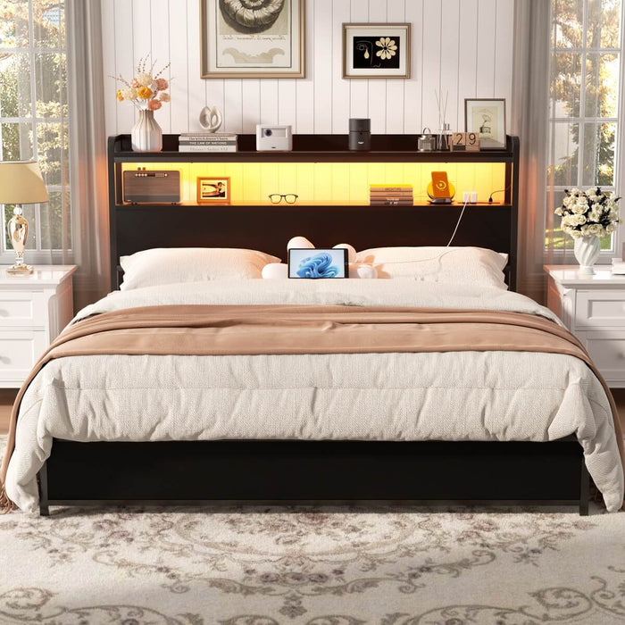 Queen Size Headboard with Power Outlets & LED Lights, Wood Headboard for Queen Bed, Easy Assembly