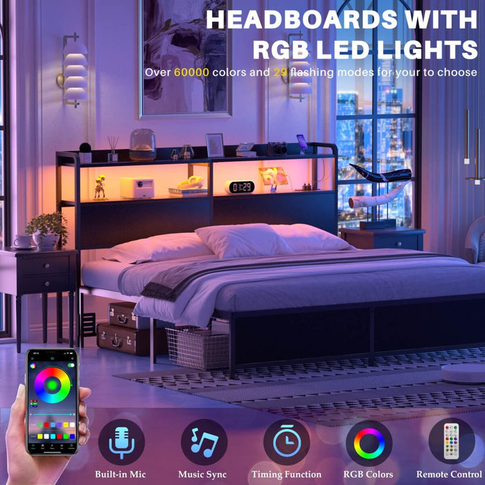 Queen Size Headboard with Power Outlets & LED Lights, Wood Headboard for Queen Bed, Easy Assembly