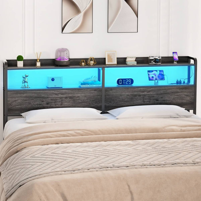 Queen Size Headboard with Power Outlets & LED Lights, Wood Headboard for Queen Bed, Easy Assembly