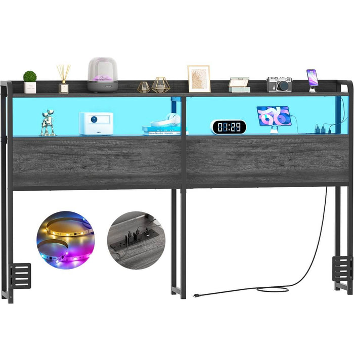 Queen Size Headboard with Power Outlets & LED Lights, Wood Headboard for Queen Bed, Easy Assembly