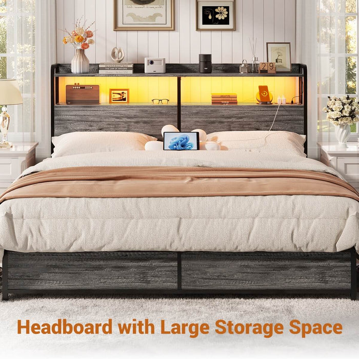 Queen Size Headboard with Power Outlets & LED Lights, Wood Headboard for Queen Bed, Easy Assembly