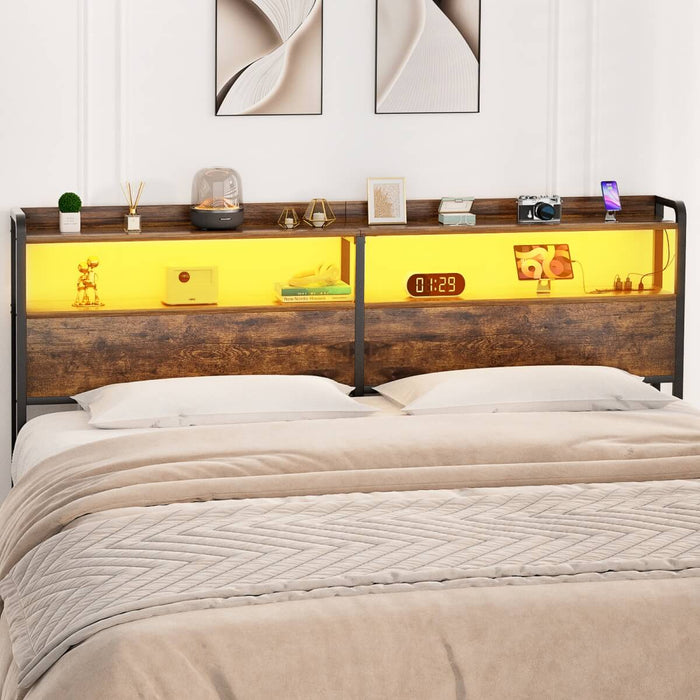 Queen Size Headboard with Power Outlets & LED Lights, Wood Headboard for Queen Bed, Easy Assembly