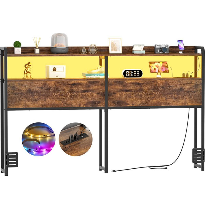 Queen Size Headboard with Power Outlets & LED Lights, Wood Headboard for Queen Bed, Easy Assembly