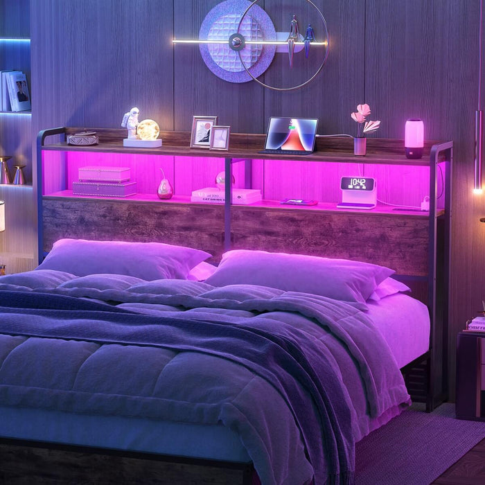 Queen Size Headboard with Power Outlets & LED Lights, Wood Headboard for Queen Bed, Easy Assembly