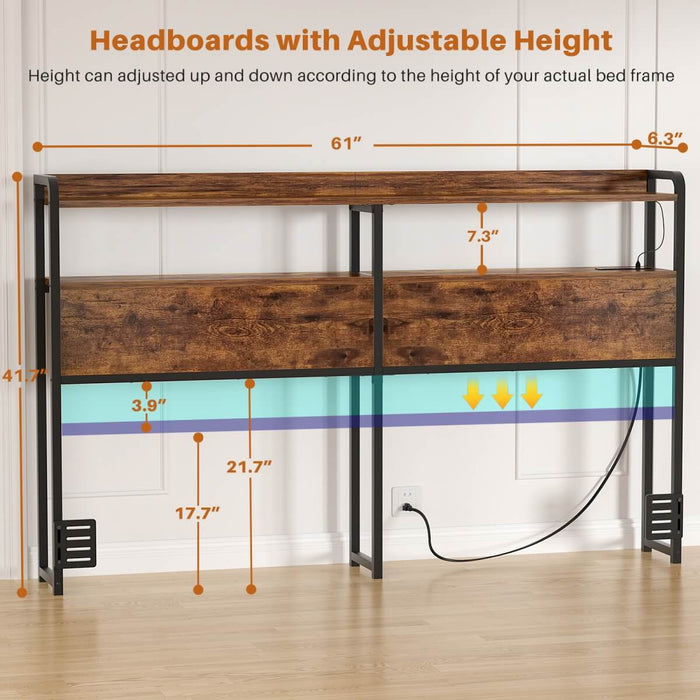 Queen Size Headboard with Power Outlets & LED Lights, Wood Headboard for Queen Bed, Easy Assembly