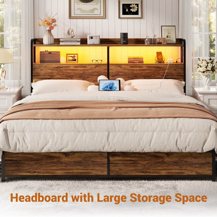 Queen Size Headboard with Power Outlets & LED Lights, Wood Headboard for Queen Bed, Easy Assembly