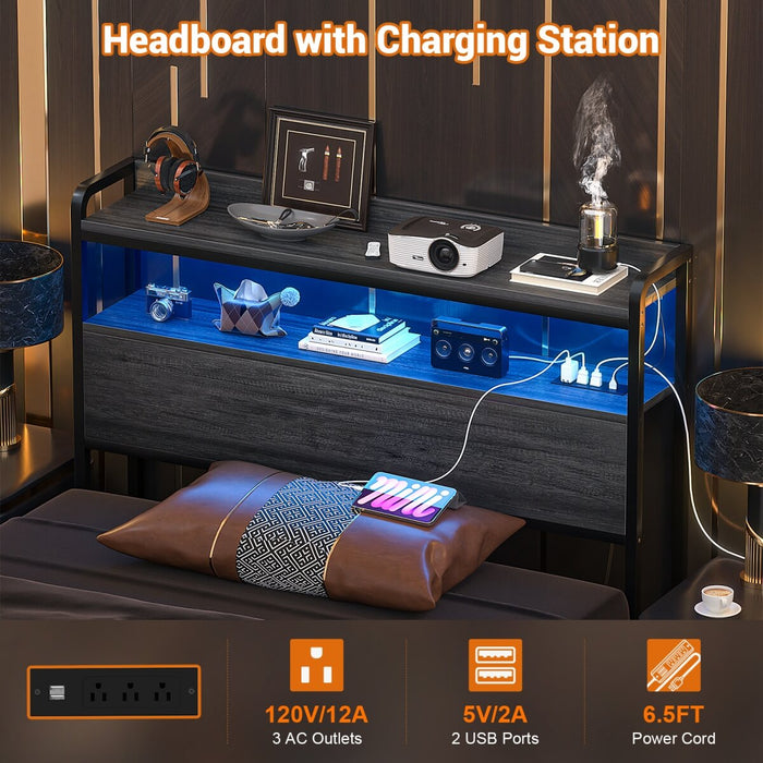 Twin Size Headboard with Power Outlets & LED Lights, Wood Headboard for Twin Bed, Easy Assembly