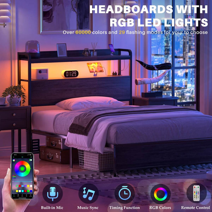 Twin Size Headboard with Power Outlets & LED Lights, Wood Headboard for Twin Bed, Easy Assembly