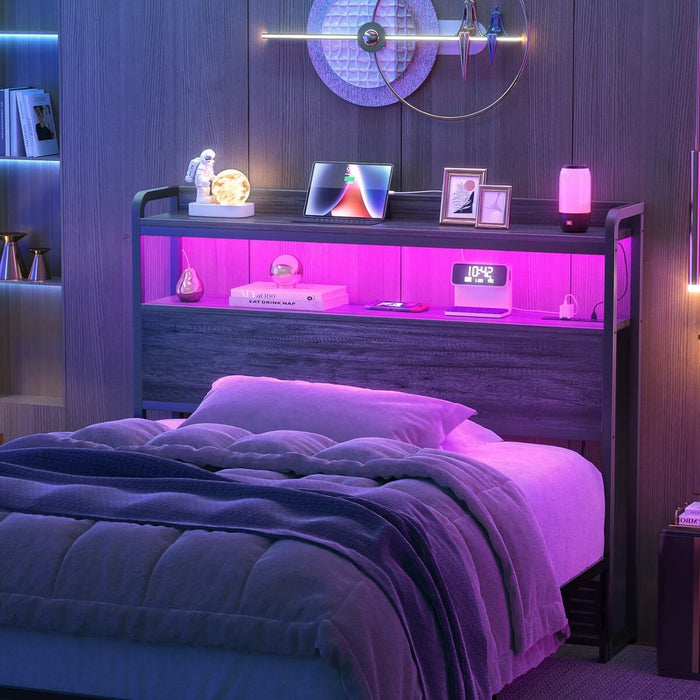 Twin Size Headboard with Power Outlets & LED Lights, Wood Headboard for Twin Bed, Easy Assembly