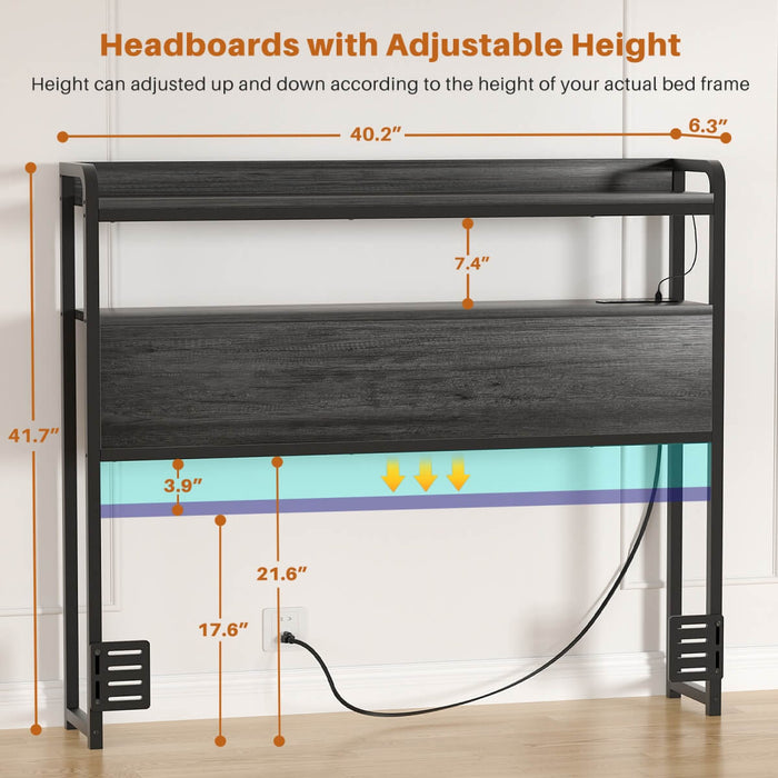 Twin Size Headboard with Power Outlets & LED Lights, Wood Headboard for Twin Bed, Easy Assembly