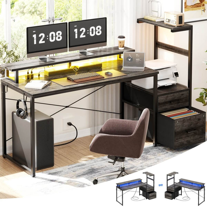 60 Inch Reversible Gaming Desk with LED Lights, Outlets & Drawers